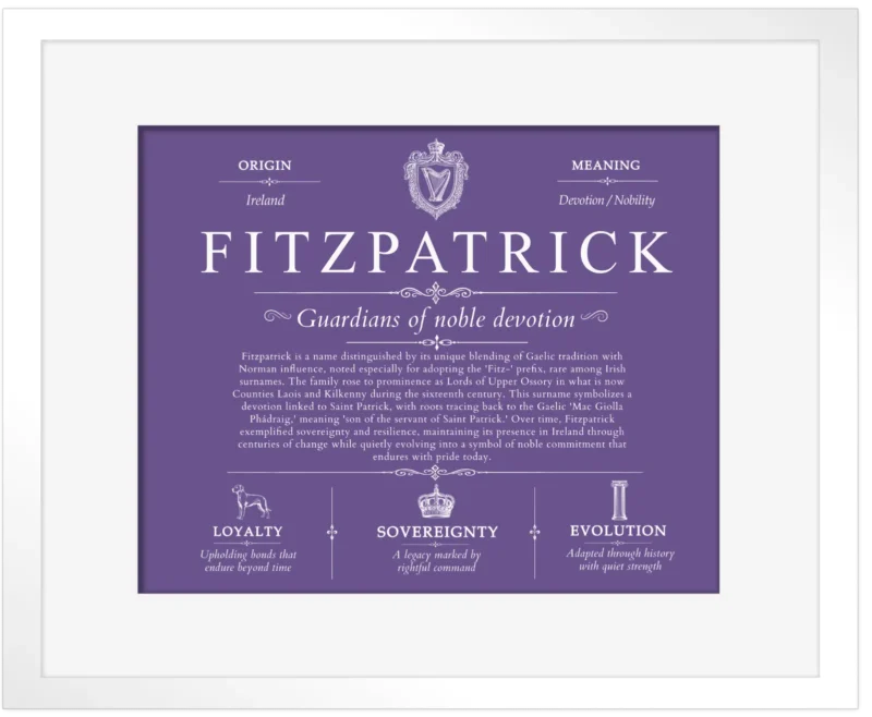 Fitzpatrick last name history and origin in Purple with White Matte Frame