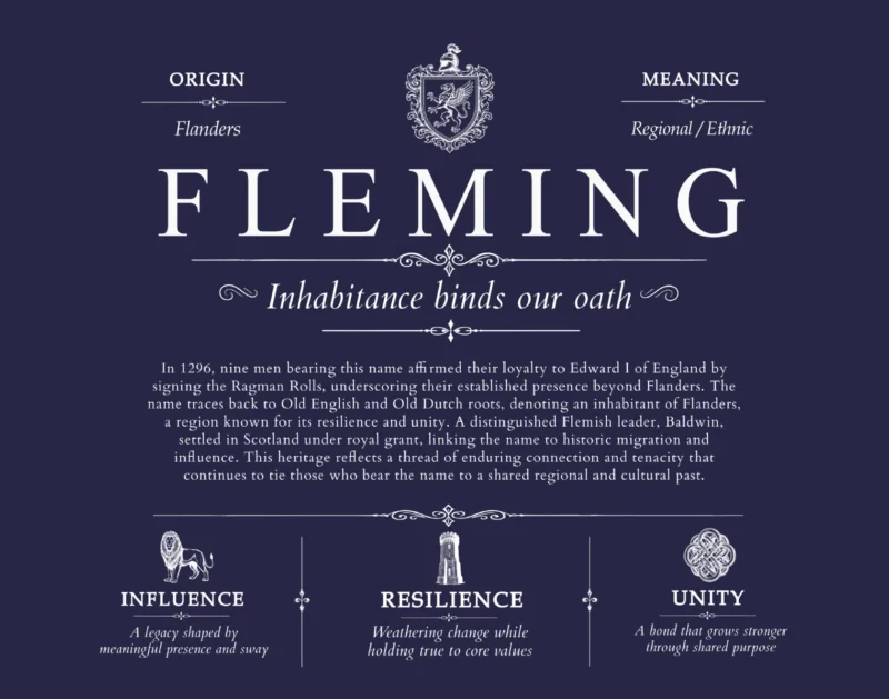 Fleming family name meaning and origin in Navy Blue