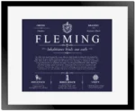 Fleming family name meaning and origin in Navy Blue with Black Matte Frame