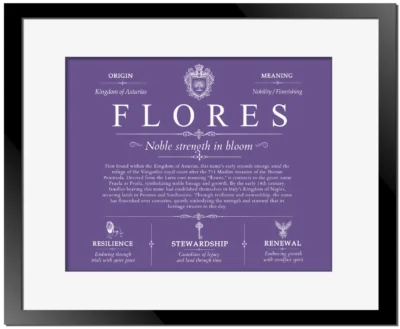 Flores personalized last name meaning in Purple with Black Matte Frame