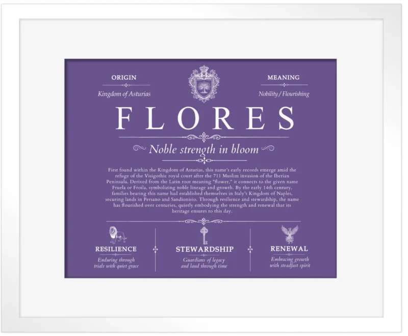 Flores personalized last name meaning in Purple with White Matte Frame
