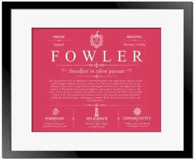 Fowler personalized last name meaning in Red with Black Matte Frame