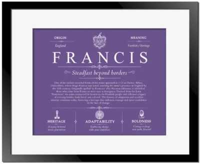 Francis family name origin and history in Purple with Black Matte Frame