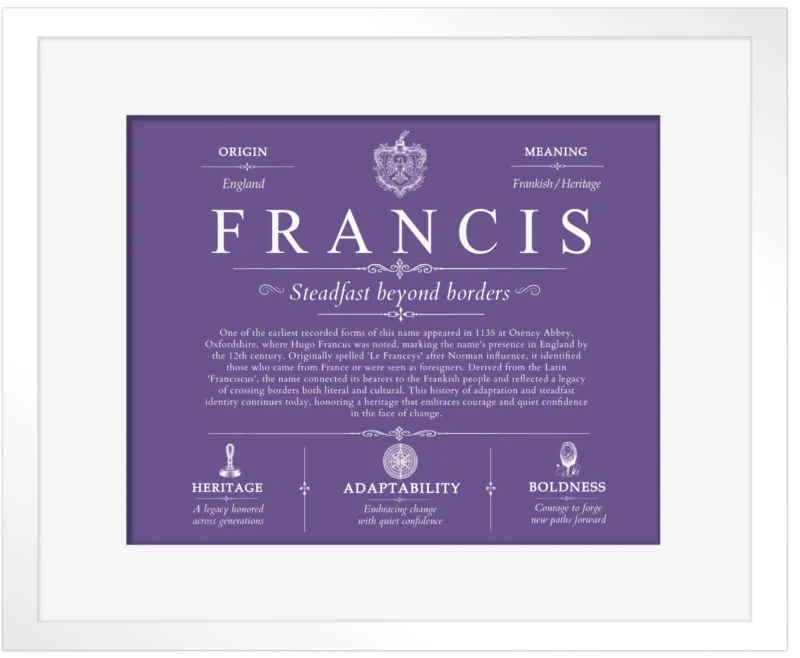 Francis family name origin and history in Purple with White Matte Frame