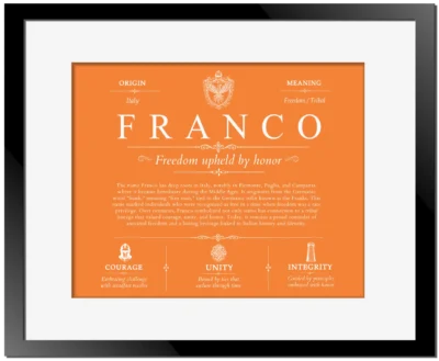 Franco surname meaning origin and heritage in Orange with Black Matte Frame