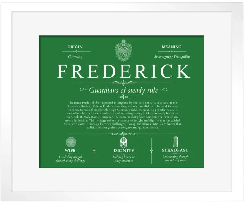 Frederick personalized last name meaning in Dark Green with White Matte Frame