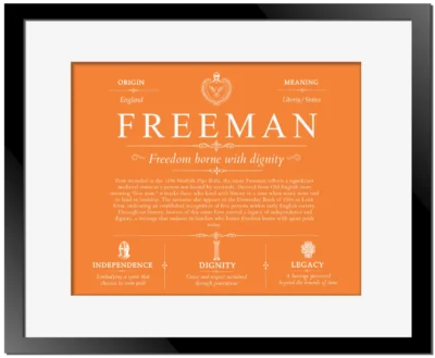 Freeman last name origin and heritage in Orange with Black Matte Frame