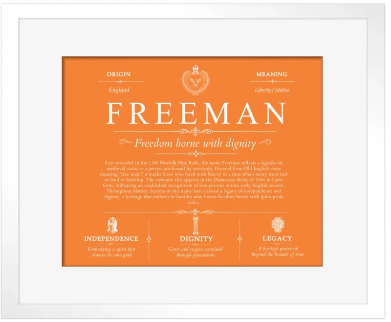 Freeman last name origin and heritage in Orange with White Matte Frame