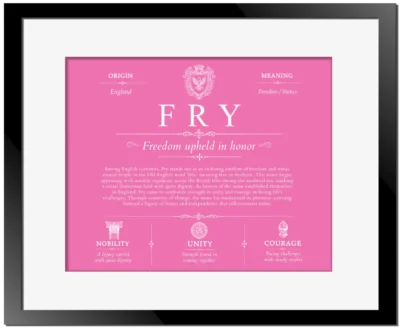 Fry surname history and heritage in Pink with Black Matte Frame