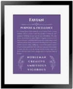 Favian name meaning keepsake print in purple with black matte frame