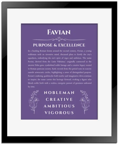 Favian name meaning keepsake print in purple with black matte frame
