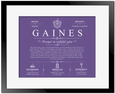 Gaines surname history and heritage in Purple with Black Matte Frame