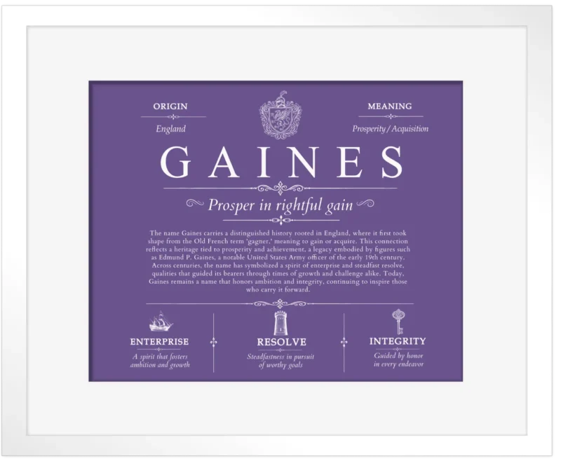 Gaines surname history and heritage in Purple with White Matte Frame