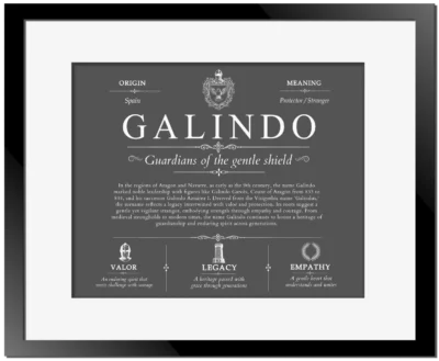 Galindo family name meaning and origin in Gray with Black Matte Frame