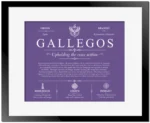 Gallegos surname meaning origin and heritage in Purple with Black Matte Frame