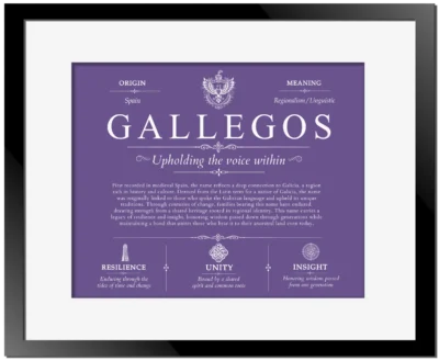 Gallegos surname meaning origin and heritage in Purple with Black Matte Frame