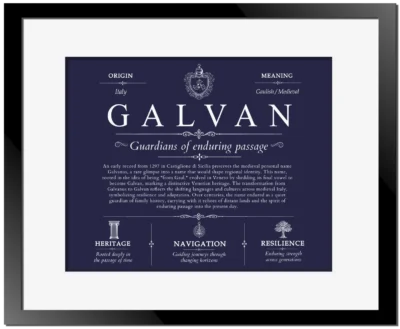 Galvan surname history and heritage in Navy Blue with Black Matte Frame