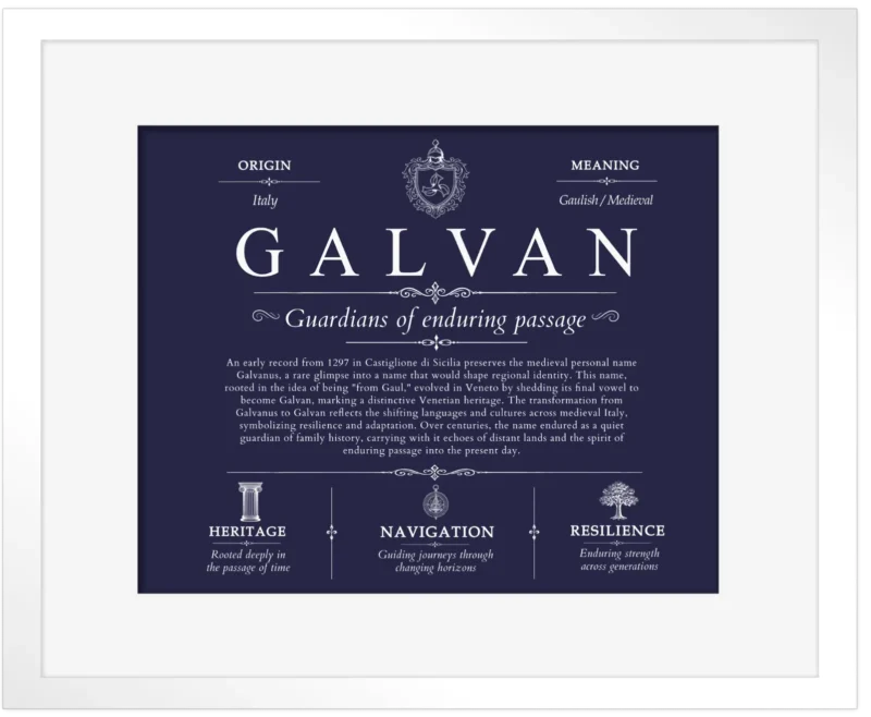 Galvan surname history and heritage in Navy Blue with White Matte Frame