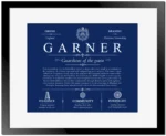 Garner surname history and family heritage in Deep Blue with Black Matte Frame