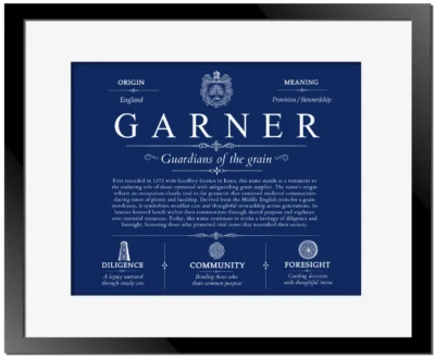 Garner surname history and family heritage in Deep Blue with Black Matte Frame