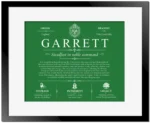 Garrett last name meaning and origin in Dark Green with Black Matte Frame