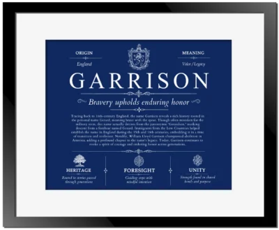 Garrison surname history and family heritage in Deep Blue with Black Matte Frame