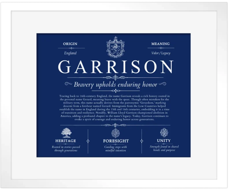 Garrison surname history and family heritage in Deep Blue with White Matte Frame