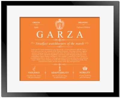 Garza surname meaning origin and heritage in Orange with Black Matte Frame