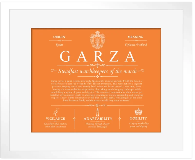 Garza surname meaning origin and heritage in Orange with White Matte Frame