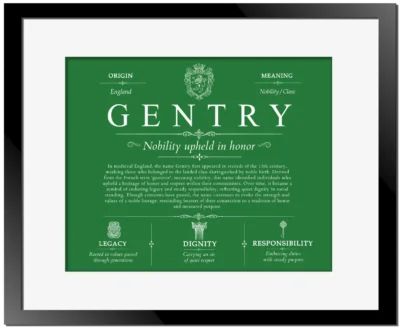 Gentry family name meaning and origin in Dark Green with Black Matte Frame