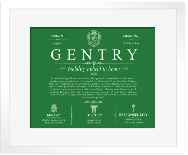 Gentry family name meaning and origin in Dark Green with White Matte Frame