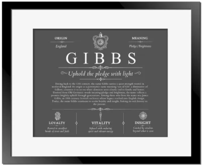 Gibbs surname origin and history in Gray with Black Matte Frame