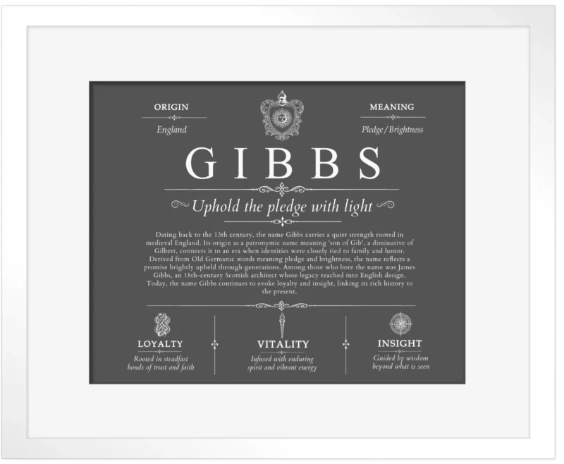 Gibbs surname origin and history in Gray with White Matte Frame