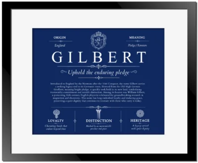 Gilbert family name heritage in Deep Blue with Black Matte Frame