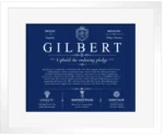 Gilbert family name heritage in Deep Blue with White Matte Frame