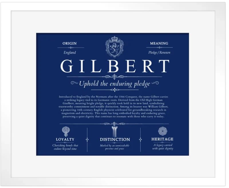 Gilbert family name heritage in Deep Blue with White Matte Frame