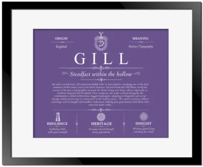 Gill family name heritage in Purple with Black Matte Frame