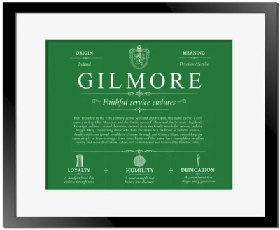 Gilmore last name meaning and origin in Dark Green with Black Matte Frame