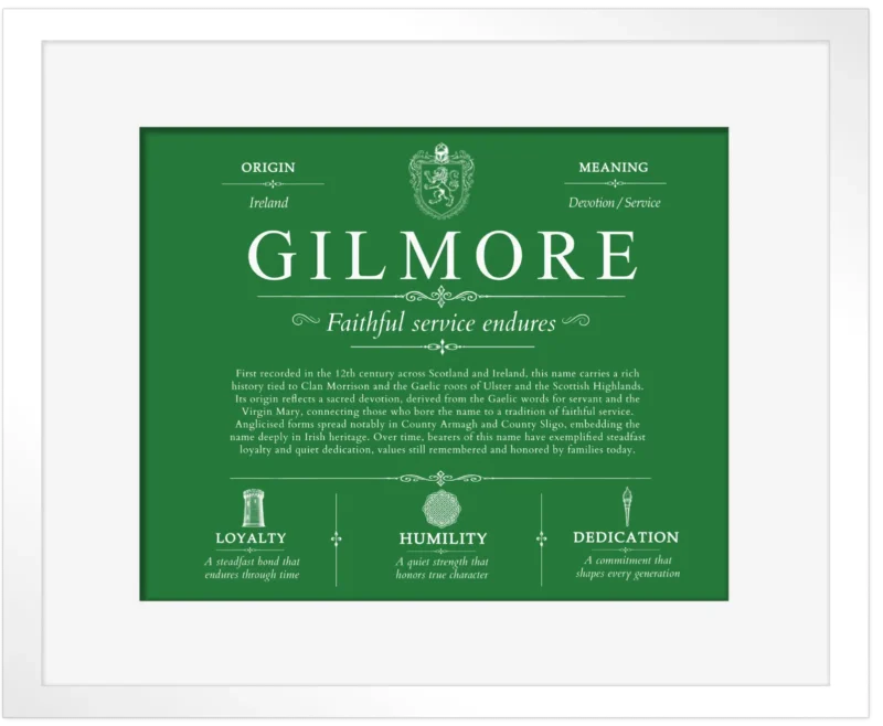 Gilmore last name meaning and origin in Dark Green with White Matte Frame