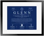 Glenn family name origin and history in Deep Blue with Black Matte Frame