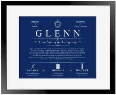 Glenn family name origin and history in Deep Blue with Black Matte Frame