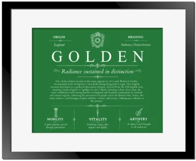 Golden family name meaning and history in Dark Green with Black Matte Frame