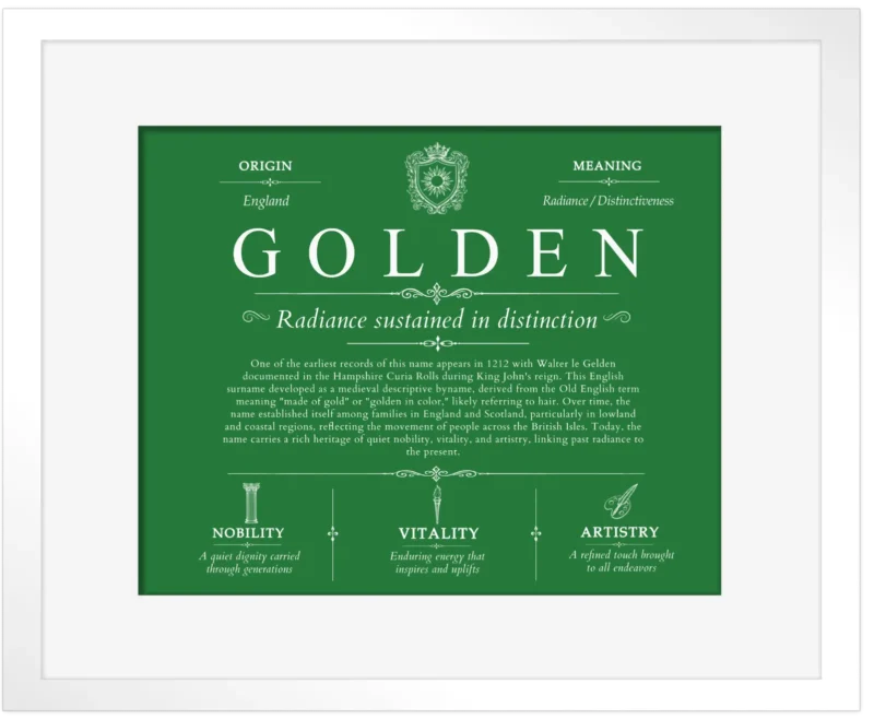 Golden family name meaning and history in Dark Green with White Matte Frame