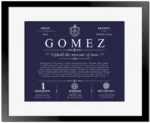 Gomez family name meaning and history in Navy Blue with Black Matte Frame