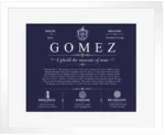 Gomez family name meaning and history in Navy Blue with White Matte Frame
