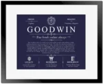 Goodwin personalized last name meaning in Navy Blue with Black Matte Frame