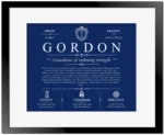 Gordon personalized last name meaning in Deep Blue with Black Matte Frame