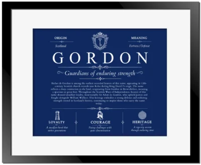 Gordon personalized last name meaning in Deep Blue with Black Matte Frame