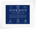 Gordon personalized last name meaning in Deep Blue with White Matte Frame