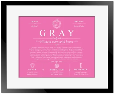 Gray family name heritage in Pink with Black Matte Frame